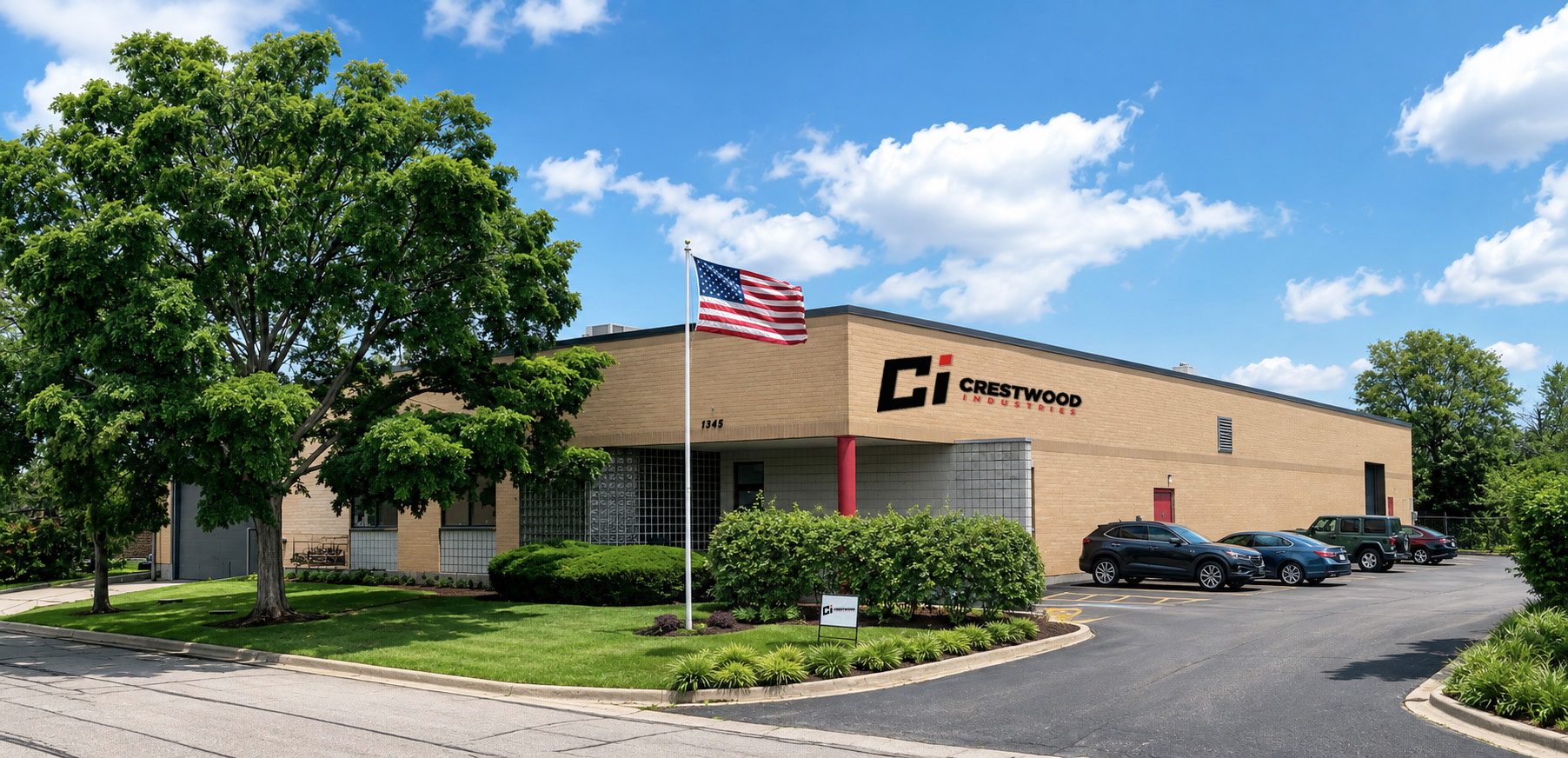 Crestwood Industries facility, Mundelein, Illinois Crestwood Industries facility at 1345 Wilhelm Road in Mundelein, Illinois, a tan brick manufacturing building with a flagpole, company sign and parking lot